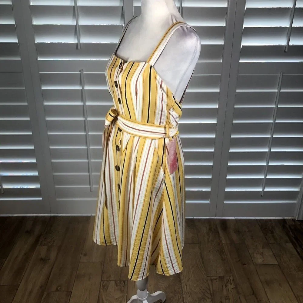 NEW Fashion On Earth Yellow Striped Sundress Small Backless Button Front Summer
